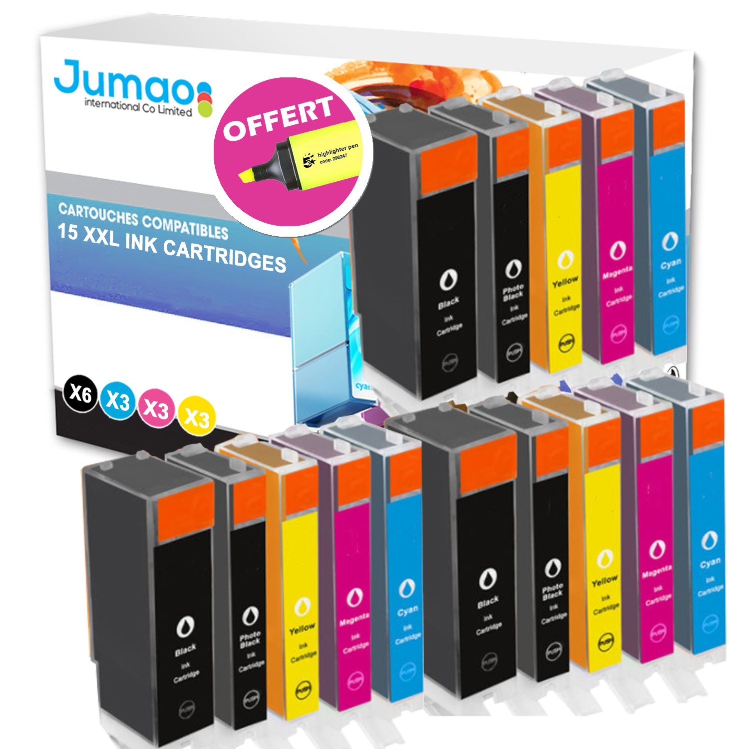 Lot de 15 cartouches jet d'encre type Jumao compatibles pour Canon PIXMA MG5150 +Fluo offert