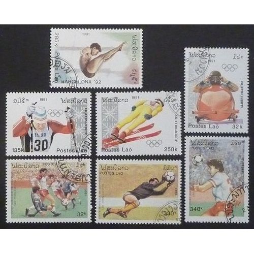 Laos Oblitéré Lot De 7 Timbres De 1991 J.O Et Foot