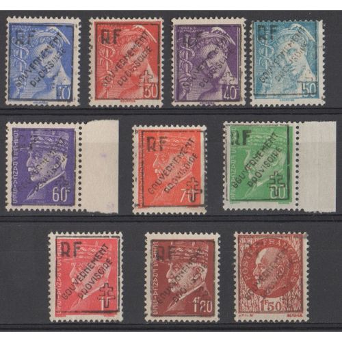 10 Timbres Libération Type Pétain/Mercure 1941-42 Surchargés Rf Gouvernement Provisoire Croix De Lorraine Émission 30 Aout 1944 Marseille Mayer N°42, 43, 44, 45, 46, 47, 48, 49, 50 Et 51 Neufs *