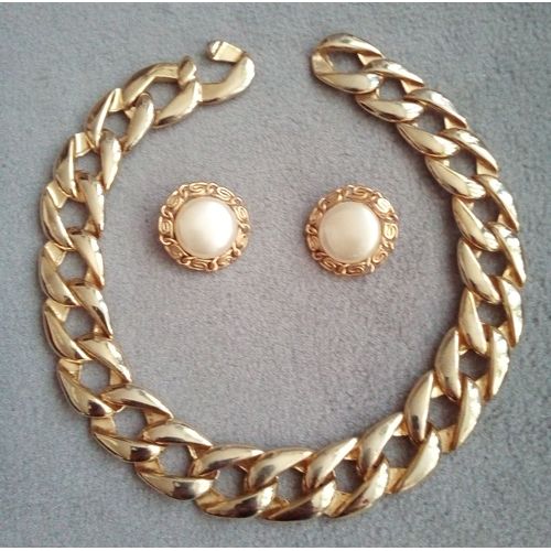 Collier Tour De Cou Doré À Larges Maillons + Boucles D'oreilles