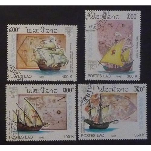 Laos Oblitéré Lot De 4 Timbres De 1992 Navires Anciens