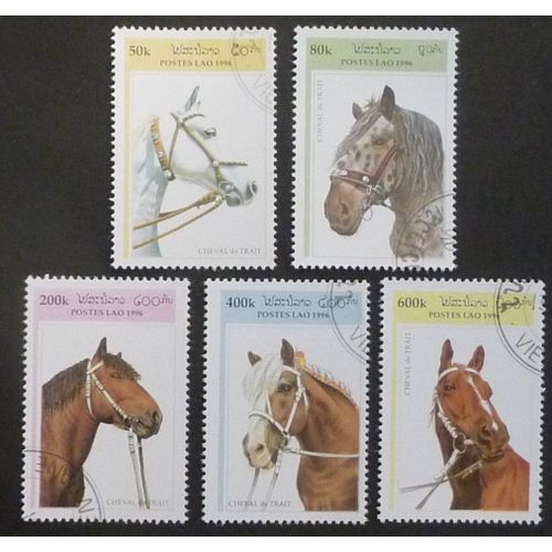 Laos Oblitéré Lot De 5 Timbres De 1996 Chevaux