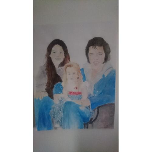 Elvis Presley Sa Femme Et Sa Petite Fille Peinture Acrylique Sur Papier
