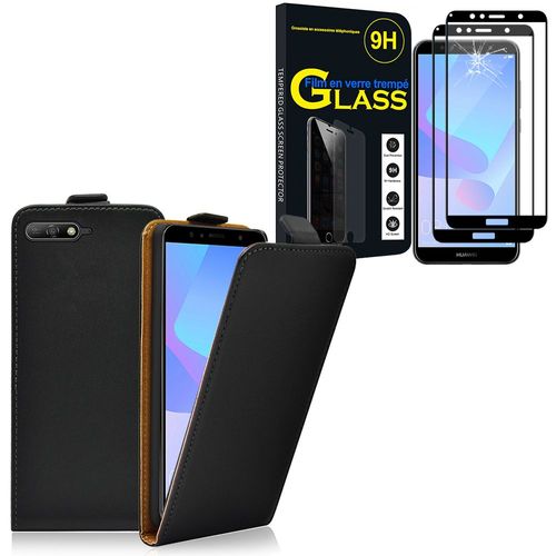 Etui Rabattable Verticale Pour Huawei Y6 (2018) 5.7" En Cuir Pu - Noir + 2 Films Verre Trempé - Noir