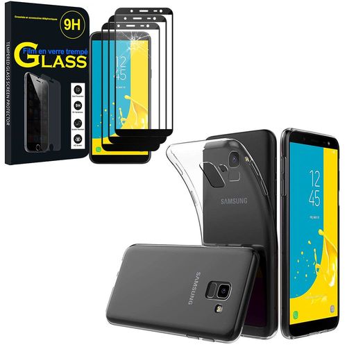 Coque Silicone Pour Samsung Galaxy J6 (2018)/ On6 (2018) 5.6" Gel Ultraslim Et Ajustement Parfait - Transparent + 3 Films Verre Trempé - Noir