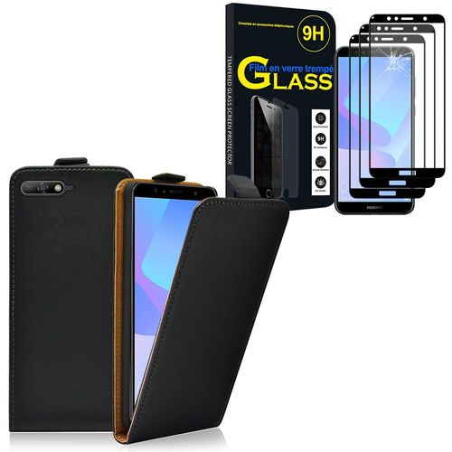 Etui Rabattable Verticale Pour Huawei Y6 (2018) 5.7" En Cuir Pu - Noir + 3 Films Verre Trempé - Noir