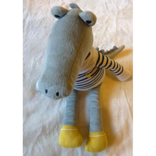 Peluche Doudou Crocodile Gris Et Jaune Pull Marin Blanc Rayé Bleu Obaibi Mariniere H 33 Cm