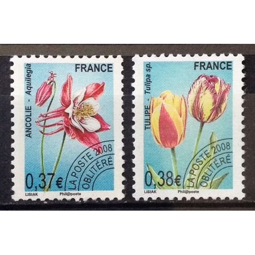 Préoblitéré Fleurs - Ancolie 0,37 (N° 253) + Préoblitéré Fleurs - Tulipe 0,38 (N° 254) Obl - France Année 2008 - N22723