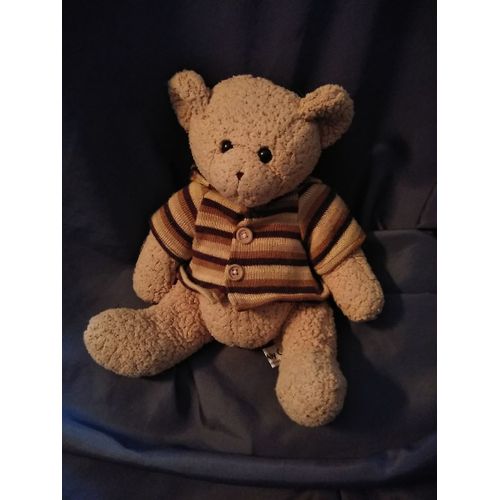 Doudou Ours Assis Beige Gilet Rayé Bouton Sandy