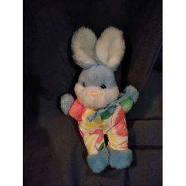 Doudou Lapin Bleu Grelot Corps Tissu Multicolore Ajena Vintage