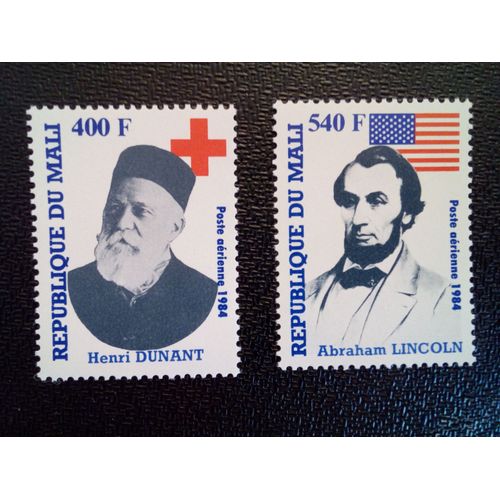 Timbre Mali Yt Pa 483 - 484 Henri Dunant (1828-1910) Fondateur De La Croix-Rouge, Abraham Lincoln (1809-1865) 1984