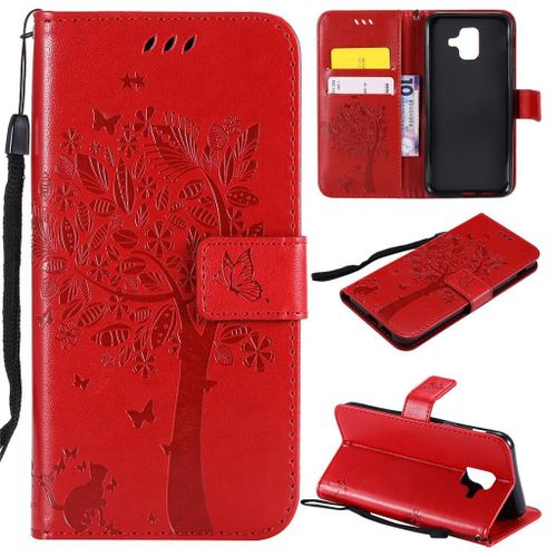 Samsung Galaxy A6 2018 Coque, Saturcase Arbre À Chat Pu Cuir Magnétique Flip Portefeuille Support Porte-Carte Protecteur Coque Housse Étui Avec Dragonne Pour Samsung Galaxy A6 2018 (Rouge)