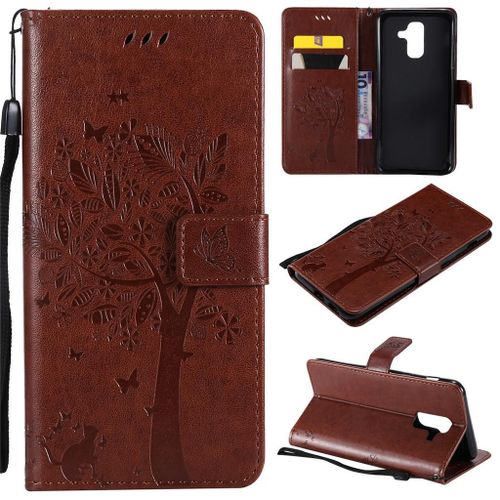 Samsung Galaxy A6 Plus (2018) Coque, Saturcase Arbre À Chat Pu Cuir Magnétique Flip Portefeuille Support Porte-Carte Protecteur Coque Housse Étui Avec Dragonne Pour Samsung Galaxy A6 Plus (2018) (Marron)