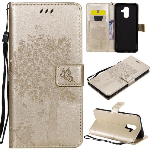 Samsung Galaxy A6 Plus (2018) Coque, Saturcase Arbre À Chat Pu Cuir Magnétique Flip Portefeuille Support Porte-Carte Protecteur Coque Housse Étui Avec Dragonne Pour Samsung Galaxy A6 Plus (2018) (Or)
