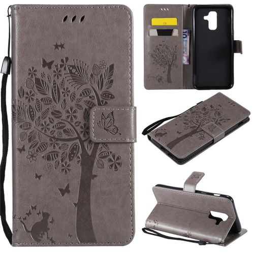 Samsung Galaxy A6 Plus (2018) Coque, Saturcase Arbre À Chat Pu Cuir Magnétique Flip Portefeuille Support Porte-Carte Protecteur Coque Housse Étui Avec Dragonne Pour Samsung Galaxy A6 Plus (2018) (Gris)