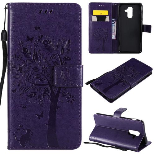 Samsung Galaxy A6 Plus (2018) Coque, Saturcase Arbre À Chat Pu Cuir Magnétique Flip Portefeuille Support Porte-Carte Protecteur Coque Housse Étui Avec Dragonne Pour Samsung Galaxy A6 Plus (2018) (Violet)