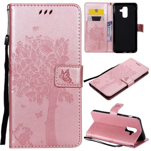 Samsung Galaxy A6 Plus (2018) Coque, Saturcase Arbre À Chat Pu Cuir Magnétique Flip Portefeuille Support Porte-Carte Protecteur Coque Housse Étui Avec Dragonne Pour Samsung Galaxy A6 Plus (2018) (Or Rose)