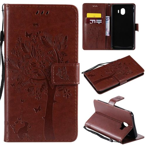 Samsung Galaxy J4 2018 Coque, Saturcase Arbre À Chat Pu Cuir Magnétique Flip Portefeuille Support Porte-Carte Protecteur Coque Housse Étui Avec Dragonne Pour Samsung Galaxy J4 2018 (Marron)