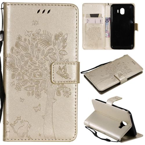 Samsung Galaxy J4 2018 Coque, Saturcase Arbre À Chat Pu Cuir Magnétique Flip Portefeuille Support Porte-Carte Protecteur Coque Housse Étui Avec Dragonne Pour Samsung Galaxy J4 2018 (Or)