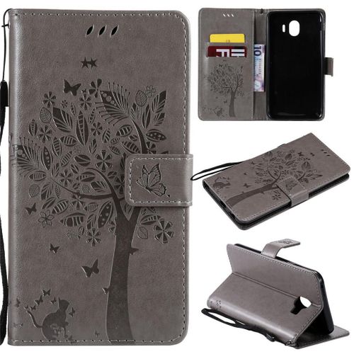 Samsung Galaxy J4 2018 Coque, Saturcase Arbre À Chat Pu Cuir Magnétique Flip Portefeuille Support Porte-Carte Protecteur Coque Housse Étui Avec Dragonne Pour Samsung Galaxy J4 2018 (Gris)