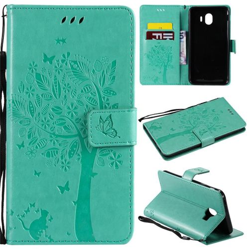 Samsung Galaxy J4 2018 Coque, Saturcase Arbre À Chat Pu Cuir Magnétique Flip Portefeuille Support Porte-Carte Protecteur Coque Housse Étui Avec Dragonne Pour Samsung Galaxy J4 2018 (Vert)
