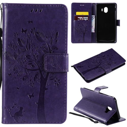 Samsung Galaxy J4 2018 Coque, Saturcase Arbre À Chat Pu Cuir Magnétique Flip Portefeuille Support Porte-Carte Protecteur Coque Housse Étui Avec Dragonne Pour Samsung Galaxy J4 2018 (Violet)