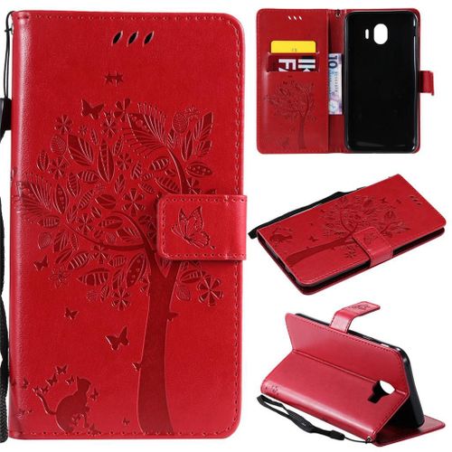 Samsung Galaxy J4 2018 Coque, Saturcase Arbre À Chat Pu Cuir Magnétique Flip Portefeuille Support Porte-Carte Protecteur Coque Housse Étui Avec Dragonne Pour Samsung Galaxy J4 2018 (Rouge)