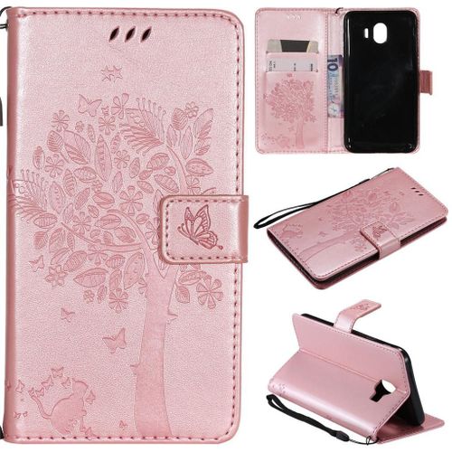 Samsung Galaxy J4 2018 Coque, Saturcase Arbre À Chat Pu Cuir Magnétique Flip Portefeuille Support Porte-Carte Protecteur Coque Housse Étui Avec Dragonne Pour Samsung Galaxy J4 2018 (Or Rose)