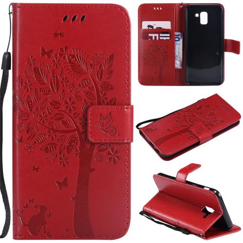 Samsung Galaxy J6 2018 Coque, Saturcase Arbre À Chat Pu Cuir Magnétique Flip Portefeuille Support Porte-Carte Protecteur Coque Housse Étui Avec Dragonne Pour Samsung Galaxy J6 2018 (Rouge)