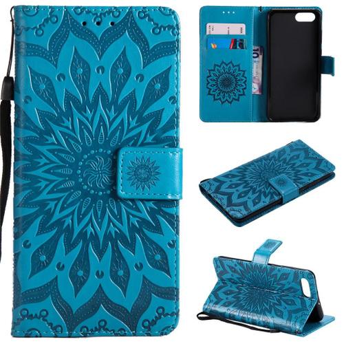 Huawei Honor View 10 Coque, Saturcase Fleur Du Soleil Pu Cuir Magnétique Flip Portefeuille Support Porte-Carte Protecteur Coque Housse Étui Avec Dragonne Pour Huawei Honor View 10 / Honor V10 (Blue)