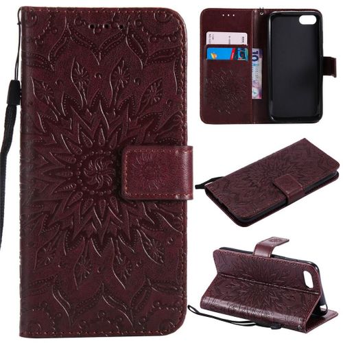 Huawei Y5 Prime 2018 / Y5 2018 Coque, Saturcase Fleur Du Soleil Pu Cuir Magnétique Flip Portefeuille Support Porte-Carte Protecteur Coque Housse Étui Avec Dragonne Pour Huawei Y5 Prime 2018 / Y5 2018 (Marron)