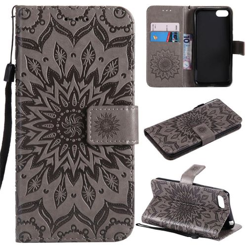 Huawei Y5 Prime 2018 / Y5 2018 Coque, Saturcase Fleur Du Soleil Pu Cuir Magnétique Flip Portefeuille Support Porte-Carte Protecteur Coque Housse Étui Avec Dragonne Pour Huawei Y5 Prime 2018 / Y5 2018 (Gris)
