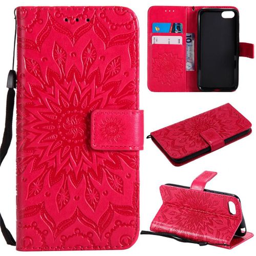 Huawei Y5 Prime 2018 / Y5 2018 Coque, Saturcase Fleur Du Soleil Pu Cuir Magnétique Flip Portefeuille Support Porte-Carte Protecteur Coque Housse Étui Avec Dragonne Pour Huawei Y5 Prime 2018 / Y5 2018 (Rouge)