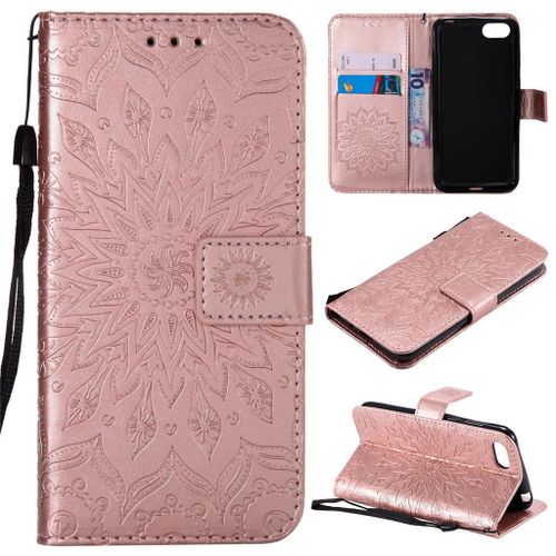 Huawei Y5 Prime 2018 / Y5 2018 Coque, Saturcase Fleur Du Soleil Pu Cuir Magnétique Flip Portefeuille Support Porte-Carte Protecteur Coque Housse Étui Avec Dragonne Pour Huawei Y5 Prime 2018 / Y5 2018 (Or Rose)