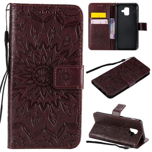Samsung Galaxy A6 2018 Coque, Saturcase Fleur Du Soleil Pu Cuir Magnétique Flip Portefeuille Support Porte-Carte Protecteur Coque Housse Étui Avec Dragonne Pour Samsung Galaxy A6 2018 (Marron)