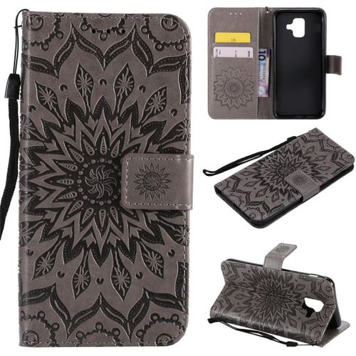 Samsung Galaxy A6 2018 Coque, Saturcase Fleur Du Soleil Pu Cuir Magnétique Flip Portefeuille Support Porte-Carte Protecteur Coque Housse Étui Avec Dragonne Pour Samsung Galaxy A6 2018 (Gris)