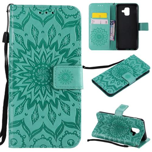 Samsung Galaxy A6 2018 Coque, Saturcase Fleur Du Soleil Pu Cuir Magnétique Flip Portefeuille Support Porte-Carte Protecteur Coque Housse Étui Avec Dragonne Pour Samsung Galaxy A6 2018 (Vert)