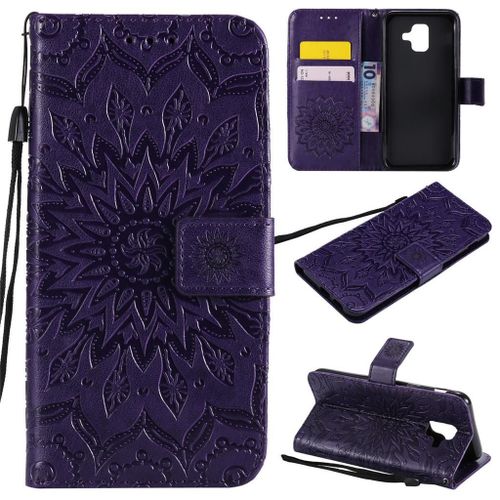 Samsung Galaxy A6 2018 Coque, Saturcase Fleur Du Soleil Pu Cuir Magnétique Flip Portefeuille Support Porte-Carte Protecteur Coque Housse Étui Avec Dragonne Pour Samsung Galaxy A6 2018 (Violet)