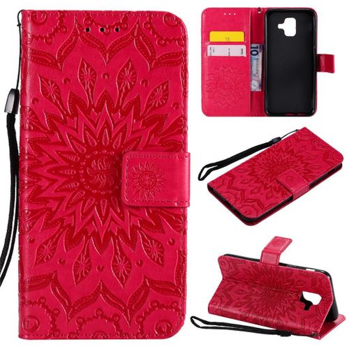 Samsung Galaxy A6 2018 Coque, Saturcase Fleur Du Soleil Pu Cuir Magnétique Flip Portefeuille Support Porte-Carte Protecteur Coque Housse Étui Avec Dragonne Pour Samsung Galaxy A6 2018 (Rouge)