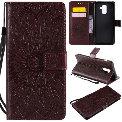 Samsung Galaxy A6 Plus (2018) Coque, Saturcase Fleur Du Soleil Pu Cuir Magnétique Flip Portefeuille Support Porte-Carte Protecteur Coque Housse Étui Avec Dragonne Pour Samsung Galaxy A6 Plus (2018) (Marron)