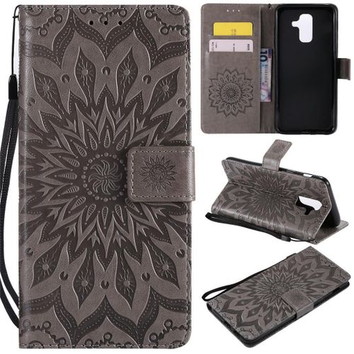 Samsung Galaxy A6 Plus (2018) Coque, Saturcase Fleur Du Soleil Pu Cuir Magnétique Flip Portefeuille Support Porte-Carte Protecteur Coque Housse Étui Avec Dragonne Pour Samsung Galaxy A6 Plus (2018) (Gris)