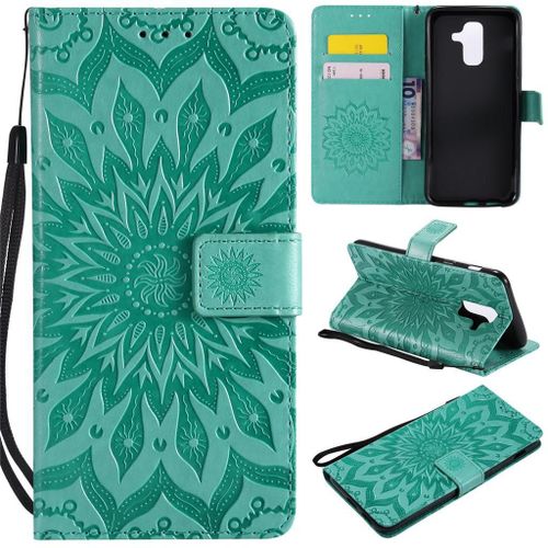 Samsung Galaxy A6 Plus (2018) Coque, Saturcase Fleur Du Soleil Pu Cuir Magnétique Flip Portefeuille Support Porte-Carte Protecteur Coque Housse Étui Avec Dragonne Pour Samsung Galaxy A6 Plus (2018) (Vert)
