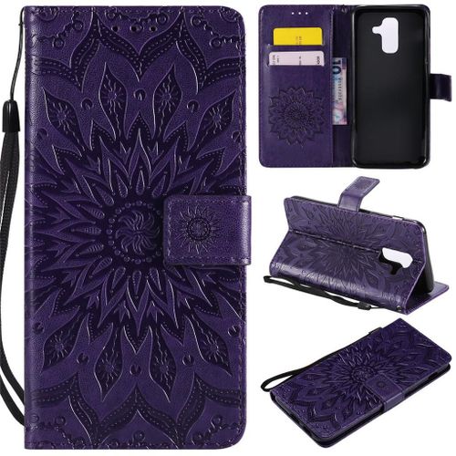 Samsung Galaxy A6 Plus (2018) Coque, Saturcase Fleur Du Soleil Pu Cuir Magnétique Flip Portefeuille Support Porte-Carte Protecteur Coque Housse Étui Avec Dragonne Pour Samsung Galaxy A6 Plus (2018) (Violet)