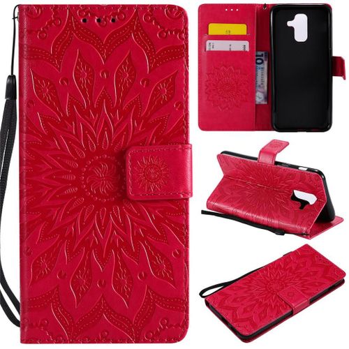 Samsung Galaxy A6 Plus (2018) Coque, Saturcase Fleur Du Soleil Pu Cuir Magnétique Flip Portefeuille Support Porte-Carte Protecteur Coque Housse Étui Avec Dragonne Pour Samsung Galaxy A6 Plus (2018) (Rouge)