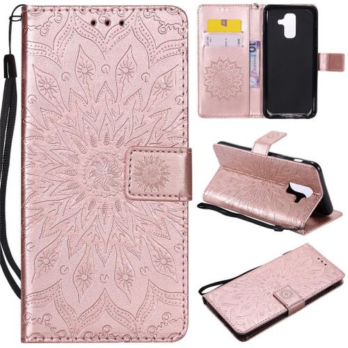 Samsung Galaxy A6 Plus (2018) Coque, Saturcase Fleur Du Soleil Pu Cuir Magnétique Flip Portefeuille Support Porte-Carte Protecteur Coque Housse Étui Avec Dragonne Pour Samsung Galaxy A6 Plus (2018) (Or Rose)