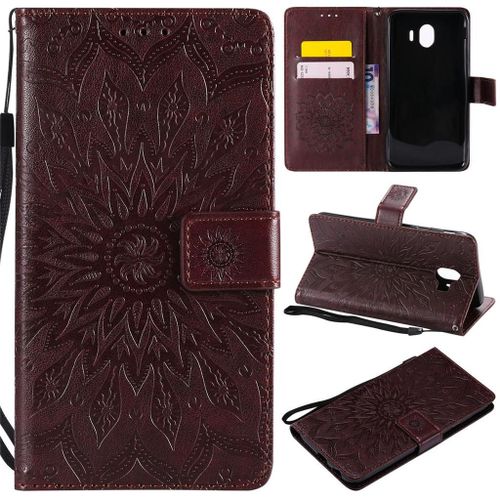 Samsung Galaxy J4 2018 Coque, Saturcase Fleur Du Soleil Pu Cuir Magnétique Flip Portefeuille Support Porte-Carte Protecteur Coque Housse Étui Avec Dragonne Pour Samsung Galaxy J4 2018 (Marron)