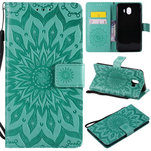 Samsung Galaxy J4 2018 Coque, Saturcase Fleur Du Soleil Pu Cuir Magnétique Flip Portefeuille Support Porte-Carte Protecteur Coque Housse Étui Avec Dragonne Pour Samsung Galaxy J4 2018 (Vert)