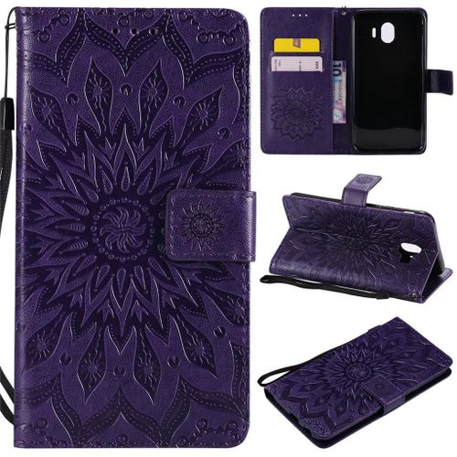 Samsung Galaxy J4 2018 Coque, Saturcase Fleur Du Soleil Pu Cuir Magnétique Flip Portefeuille Support Porte-Carte Protecteur Coque Housse Étui Avec Dragonne Pour Samsung Galaxy J4 2018 (Violet)