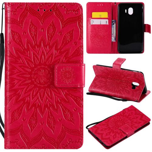 Samsung Galaxy J4 2018 Coque, Saturcase Fleur Du Soleil Pu Cuir Magnétique Flip Portefeuille Support Porte-Carte Protecteur Coque Housse Étui Avec Dragonne Pour Samsung Galaxy J4 2018 (Rouge)