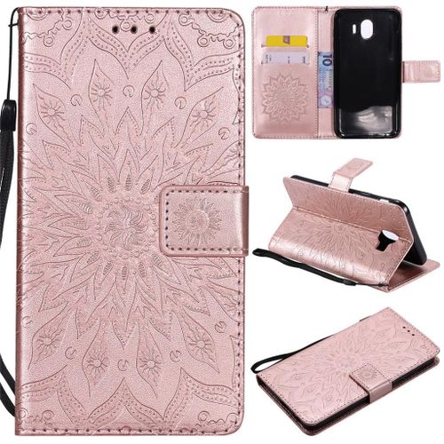 Samsung Galaxy J4 2018 Coque, Saturcase Fleur Du Soleil Pu Cuir Magnétique Flip Portefeuille Support Porte-Carte Protecteur Coque Housse Étui Avec Dragonne Pour Samsung Galaxy J4 2018 (Or Rose)